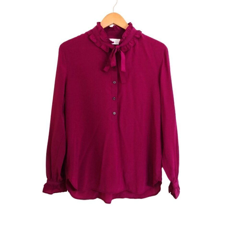 J. Crew 100% Silk Ruffle Trim Tie Neck Blouse Magenta Size L